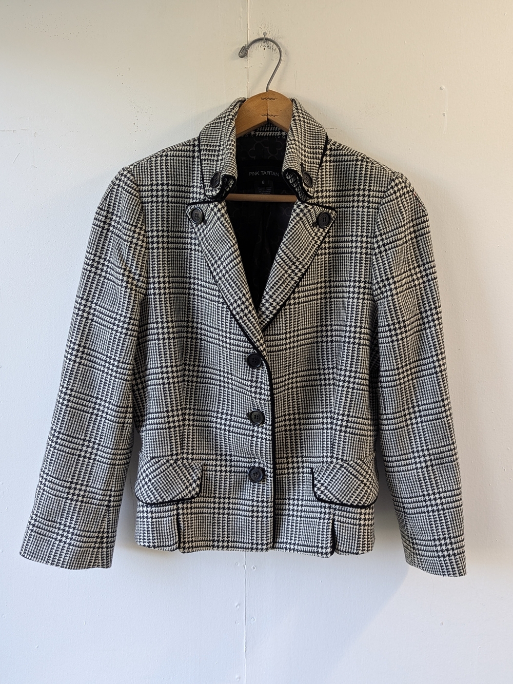Pink Tartan Wool Cashmere Houndstooth Blazer Black White Elbow Patches Size 6